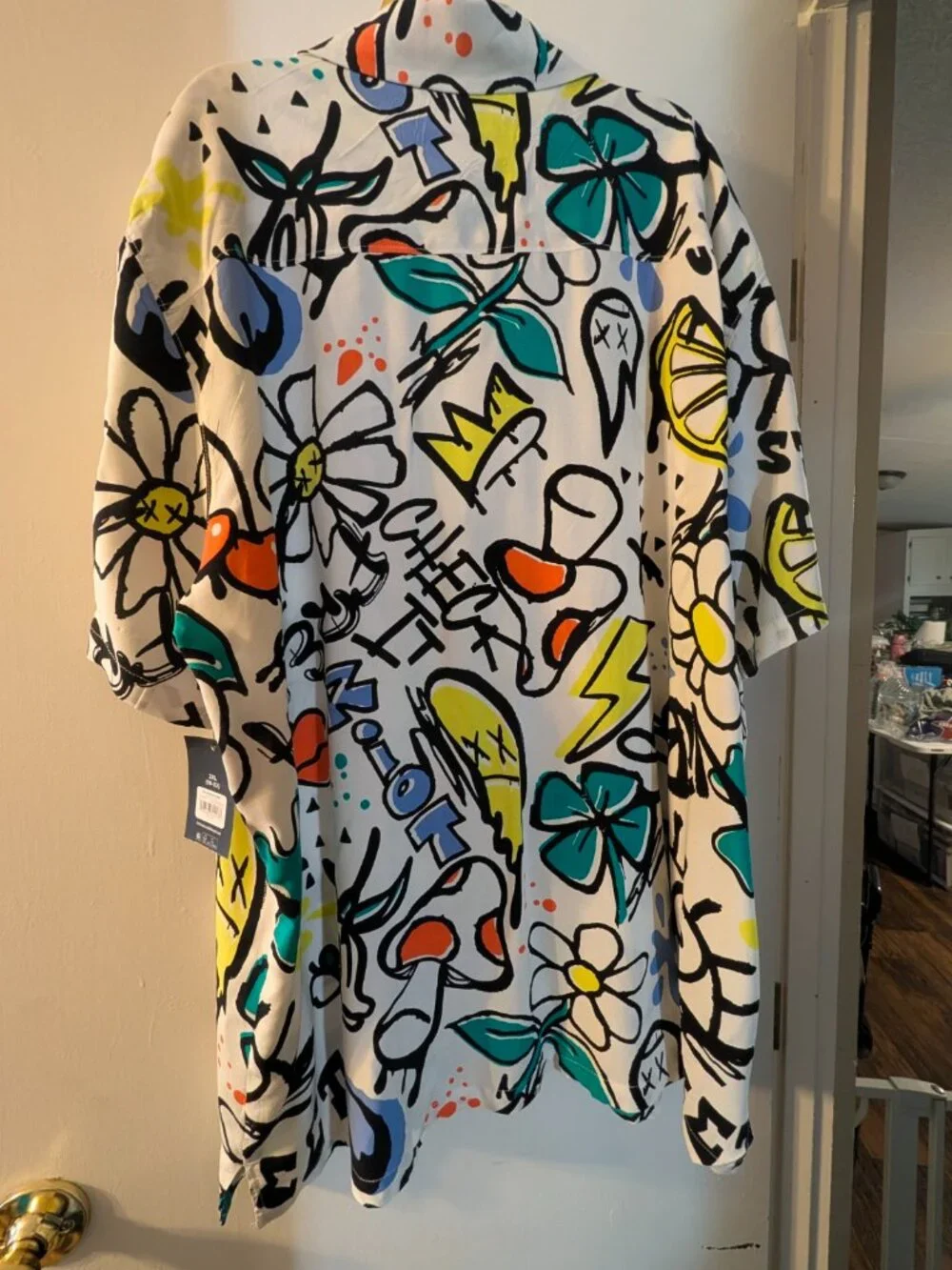 No Boundaries men's 2XL 2pc Set White Doodle Nylon Printed Swim Shorts/Shirt NWT